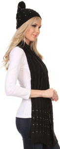 Kae Jewel Studded Cable Knit Beanie Hat And Scarf Set