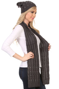 Kae Jewel Studded Cable Knit Beanie Hat And Scarf Set