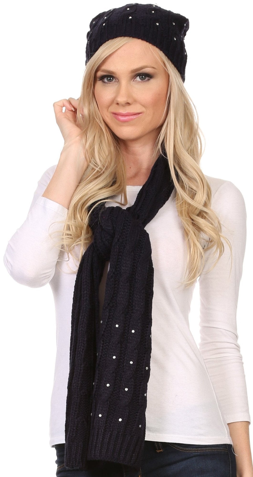 Kae Jewel Studded Cable Knit Beanie Hat And Scarf Set