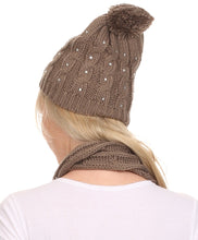 Load image into Gallery viewer, Kae Jewel Studded Cable Knit Beanie Hat And Scarf Set
