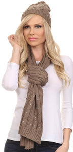 Kae Jewel Studded Cable Knit Beanie Hat And Scarf Set