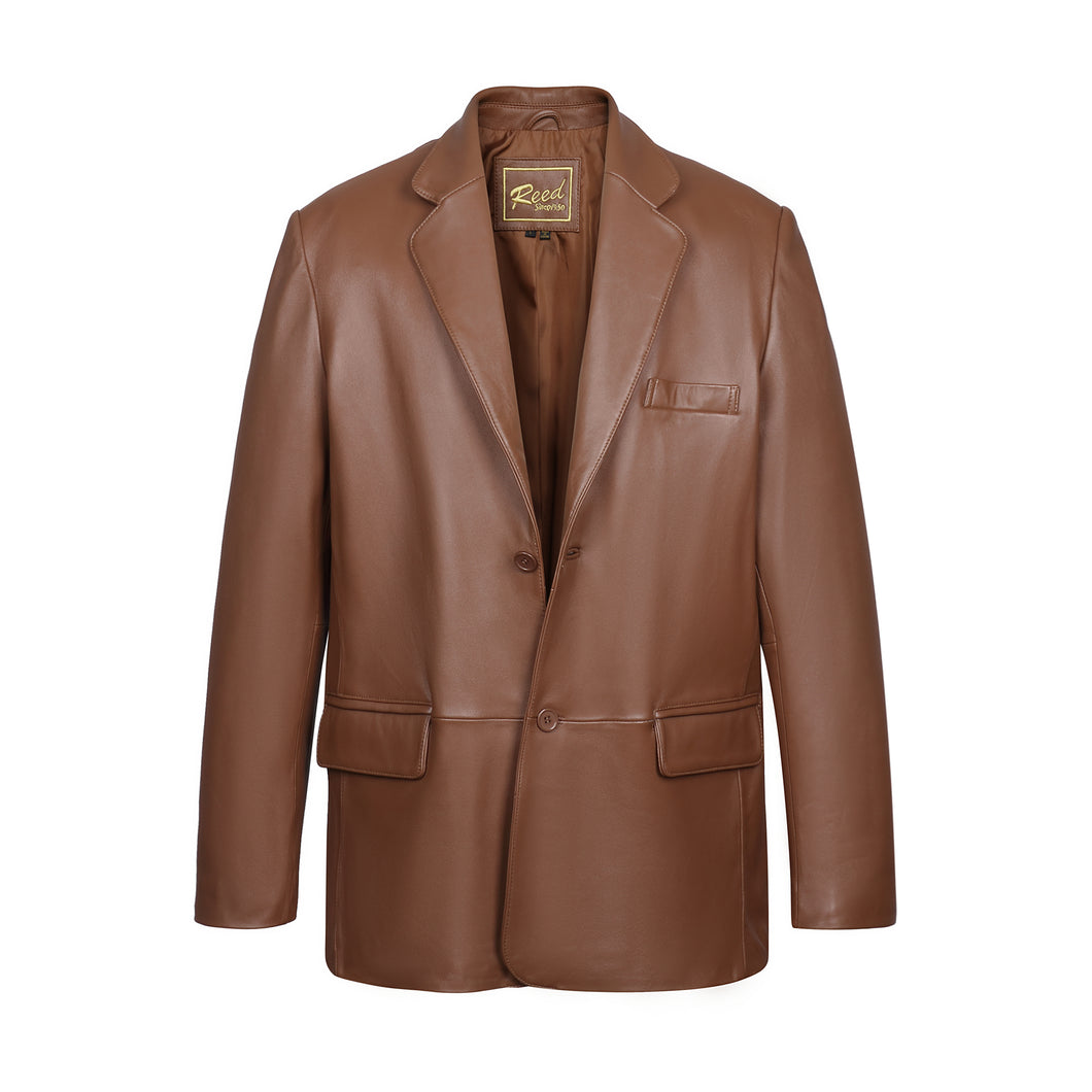 REED Men's Premium Lambskin Leather Blazer Jacket, imported, luxury soft-touch classic style, American fit, brown color, front view.