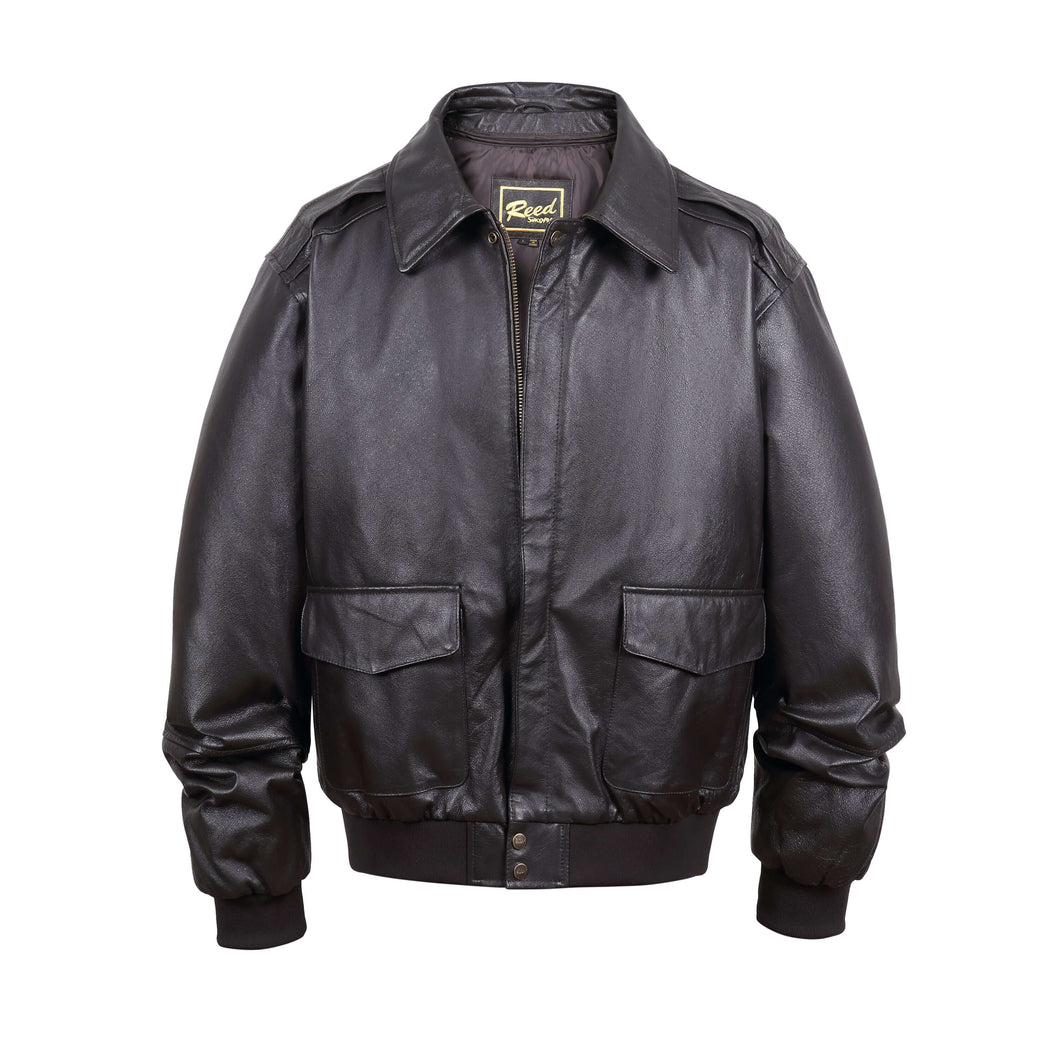 REED Men's Premium Leather Aviator Bomber Jacket with pockets and knit cuffs, stylish imported durable leather outerwear.