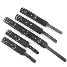 Load image into Gallery viewer, Real Cowhide Leather Wrist and Ankle Cuffs with Neck Collar Restraint Bondage Set Black 7 Piece Padded Cuffs with two connectors
