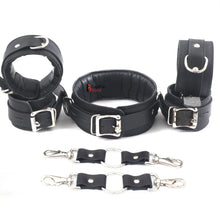 Load image into Gallery viewer, Real Cowhide Leather Wrist and Ankle Cuffs with Neck Collar Restraint Bondage Set Black 7 Piece Padded Cuffs with two connectors
