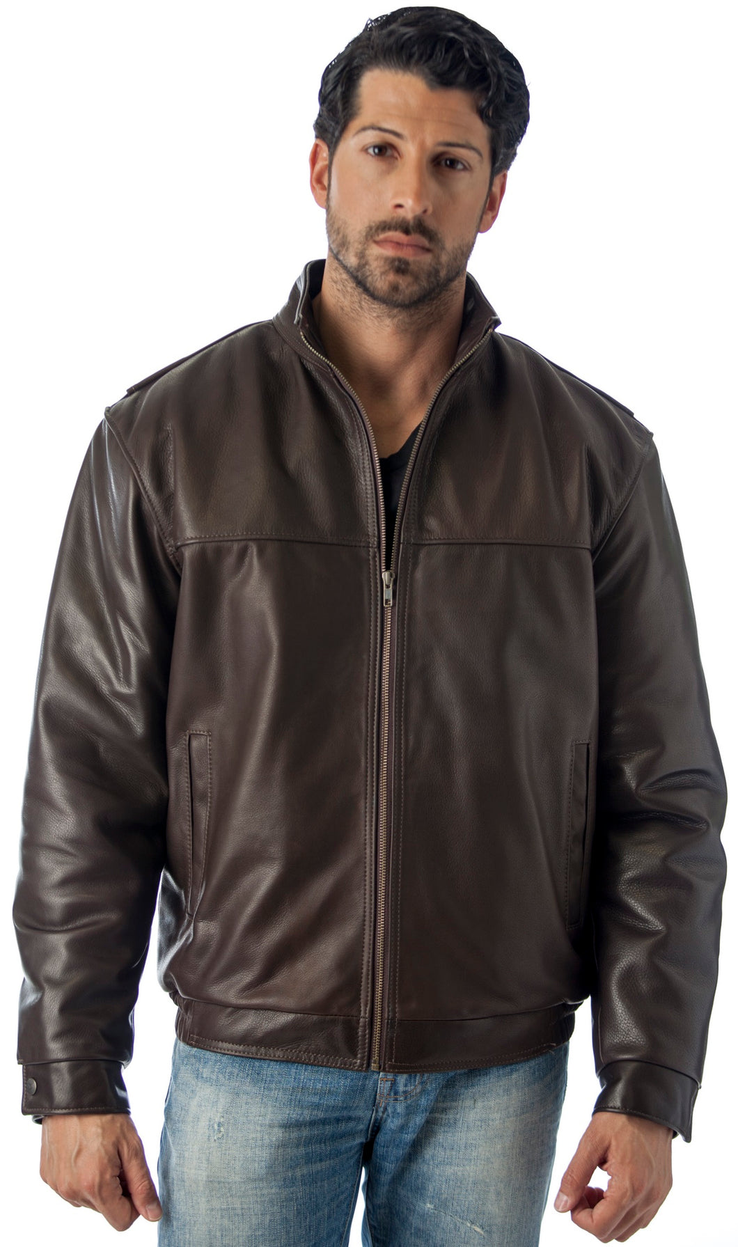 Man wearing a brown Winners Leather Jacket, union made in the USA, showcasing a stylish and rugged design.