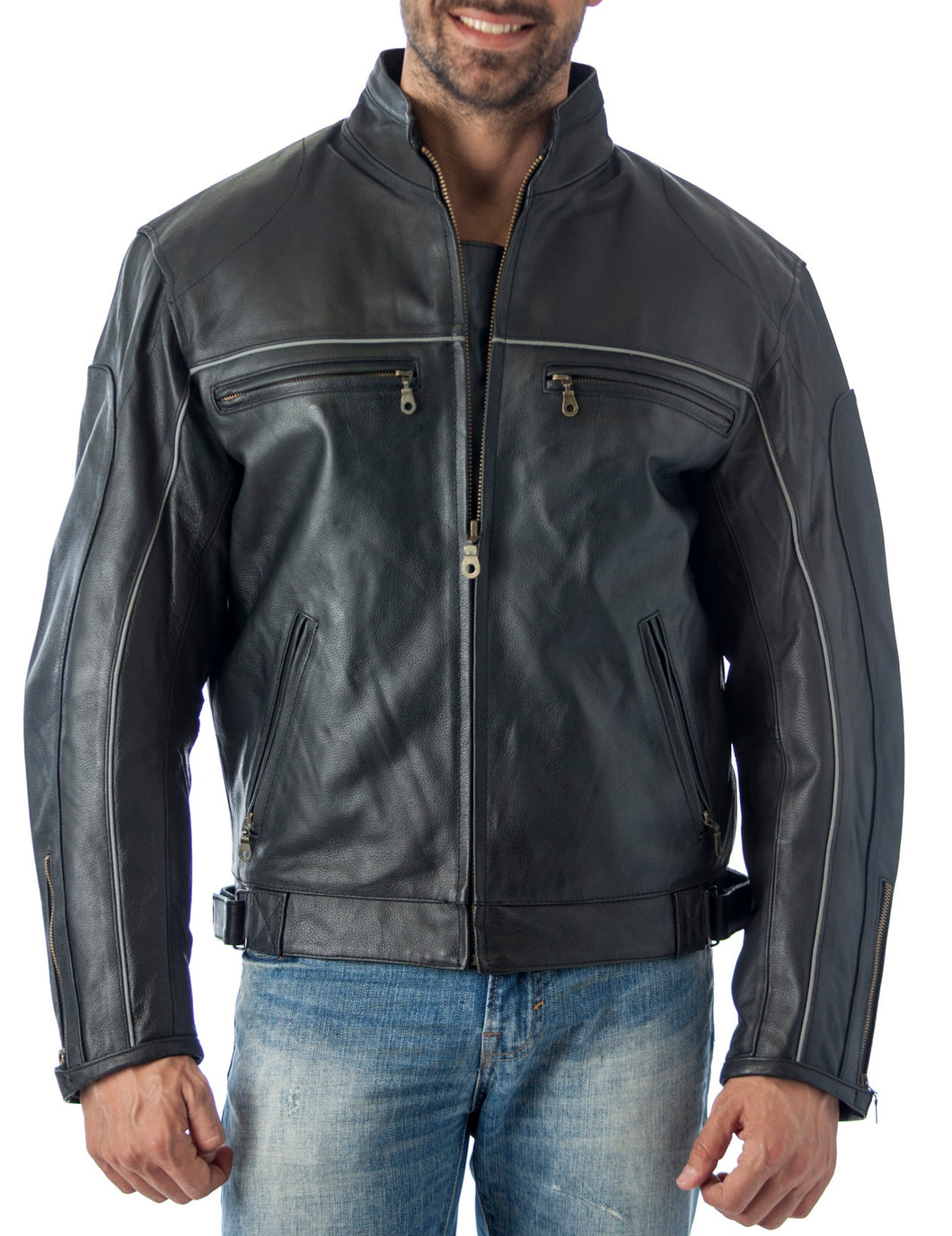 Vented Leather Motorcycle Jacket with Light Reflector - Imported