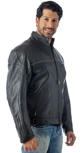 Vented Leather Motorcycle Jacket with Light Reflector - Imported