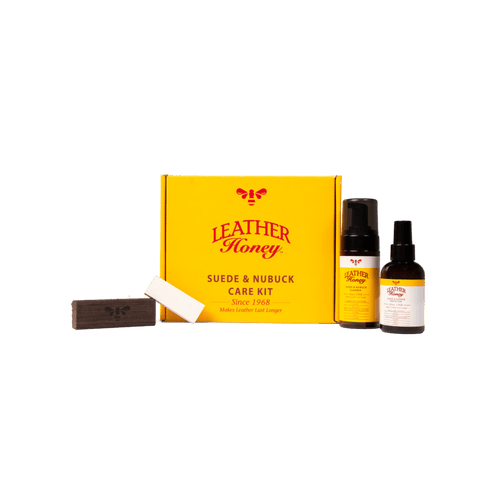 Suede & Nubuck Care Kit with cleaner, protector, brush, and eraser for suede shoes, jackets, and more from Leather Honey.