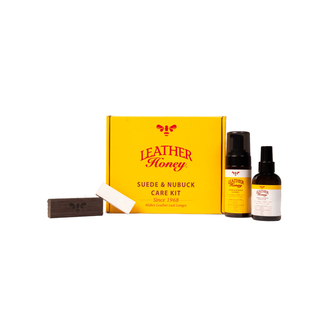 Suede & Nubuck Care Kit with cleaner, protector, brush, and eraser for suede shoes, jackets, and more from Leather Honey.