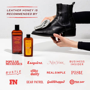 Leather Conditioner bottle with black boot and cloth, endorsed by top publications like Popular Mechanics and Business Insider.