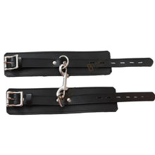 Load image into Gallery viewer, Real Cowhide Leather Wrist Cuffs Set Restraint Bondage Set with Connector Black 2 Piece Fur Lining
