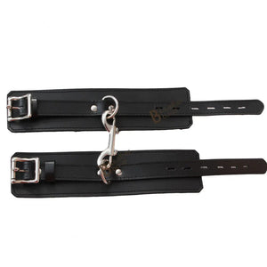 Real Cowhide Leather Wrist Cuffs Set Restraint Bondage Set with Connector Black 2 Piece Fur Lining
