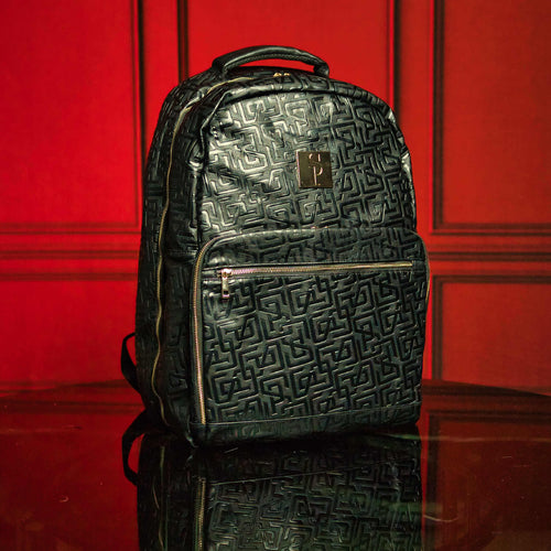 Black Monogram Leather Daily Commuter Bag, premium waterproof leather, XL design for shoes, red background.
