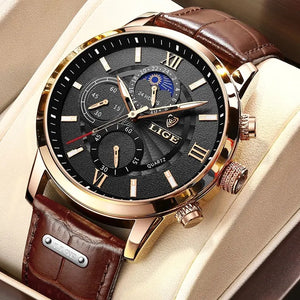 2023 Nuevos relojes para hombre LIGE Top Brand Luxury Leather Casual Quartz - Cuero vegano importado