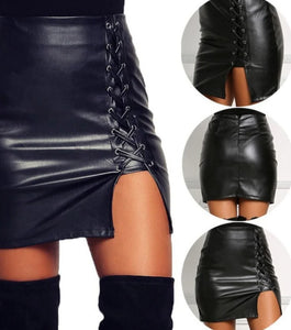 Belted Leather High-Slit Skirt - Vegan leather - Imported