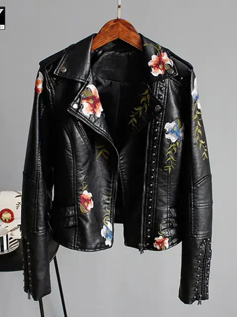 Floral Print Faux Leather Jacket Black Small - Main Image