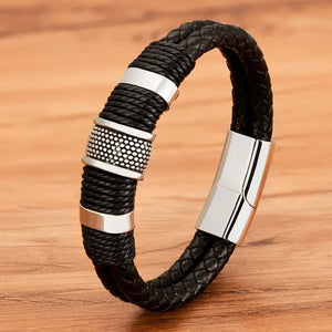 Pulsera de cuero para hombre de acero inoxidable con cuerda de cuero tejida