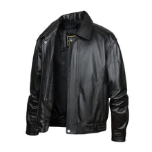 Load image into Gallery viewer, REED Men&#39;s American Style Bomber Jacket in black genuine leather, featuring sleek and durable design for timeless style and luxury.

