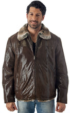 Load image into Gallery viewer, Man wearing a brown leather jacket with fur collar on a white background
