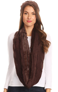 Olliey Long Wide Classic Cable Knit Fur Lined Infinity Scarf And Hat Set