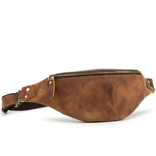 Wagner Leather Waist Bag | Full Grain Leather Fanny Pack in brown cowhide with front zipper pocket, stylish and durable design.