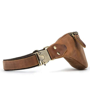 Wagner Leather Waist Bag | Full Grain Leather Fanny Pack, side view showcasing premium cowhide material and brass buckle detail.