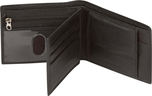 Bi-fold leather wallet open showing card slots, ID window with thumb slot, zipper pocket, and button coin pocket. Ideal for gifts.