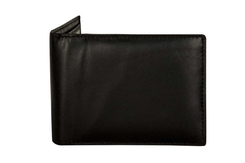 Black bi-fold leather wallet with 9 credit card slots and ID flap, soft genuine leather, compact and durable for easy pocket fit.