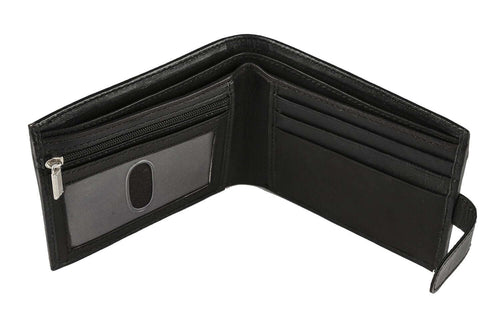 Open view of bifold men's leather wallet with ID window, credit card slots, zipper pocket, and coin pocket, made from genuine leather.