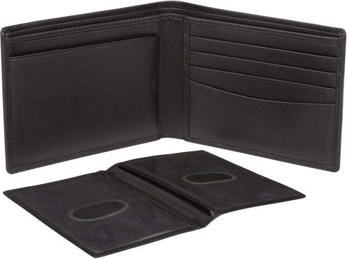 Bi-fold leather wallet with removable ID case, multiple card slots, and bill compartments displayed open.