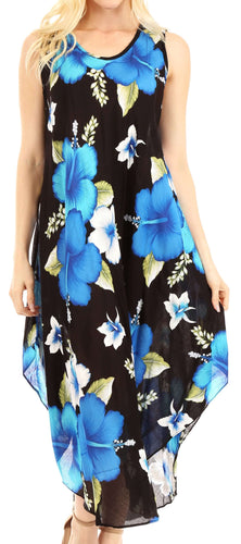 Aba Women's Casual Summer Floral Print Sleeveless Loose Dress Cover-Up with blue flowers on a black background, perfect for beachwear.
