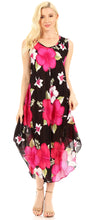 Charger l&#39;image dans la galerie, Aba Women&#39;s Sleeveless Summer Floral Print Loose Dress Cover-up, black with vibrant pink flowers, scoop neck, one size fits US 0-16W.
