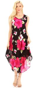 Aba Women's Sleeveless Summer Floral Print Loose Dress Cover-up, black with vibrant pink flowers, scoop neck, one size fits US 0-16W.