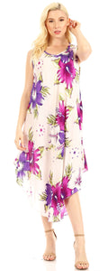 Aba Women's Floral Print Sleeveless Loose Summer Dress Cover-up with scoop neck, showcasing vibrant pink and purple flowers.