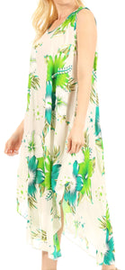 Woman wearing Aba Women's Summer Floral Sleeveless Dress, green floral print, loose fit, scoop neck, ideal for casual wear and beach cover-up.