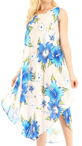 Aba Women's Casual Summer Floral Print Sleeveless Loose Dress Cover-up with blue hibiscus design and scoop neck.