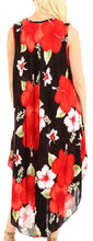 Charger l&#39;image dans la galerie, Back view of Aba Women&#39;s Sleeveless Summer Floral Dress in black with red and white flower print, loose fit, casual.
