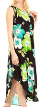 Charger l&#39;image dans la galerie, Aba Women&#39;s Casual Sleeveless Summer Dress with Green and Blue Floral Print on Black Fabric

