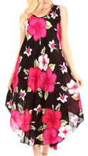 Charger l&#39;image dans la galerie, Model wearing Aba Women&#39;s Casual Summer Floral Print Sleeveless Loose Dress Cover-up, featuring bright hibiscus patterns on black.
