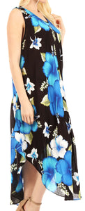 Aba Women's Casual Summer Floral Print Sleeveless Dress, black with blue and white flowers, scoop neck, loose fit, one size.
