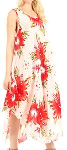 Woman wearing Aba women's casual summer floral print sleeveless loose dress cover-up with red flowers and scoop neck.