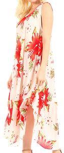 Aba Women's Casual Summer Floral Sleeveless Dress, scoop neck, loose fit, white with red floral print, perfect for beach cover-up.