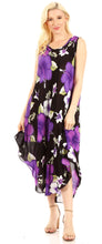Charger l&#39;image dans la galerie, Woman wearing Aba floral print sleeveless summer dress in black and purple, scoop neck, loose fit, perfect for casual wear.
