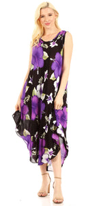 Woman wearing Aba floral print sleeveless summer dress in black and purple, scoop neck, loose fit, perfect for casual wear.