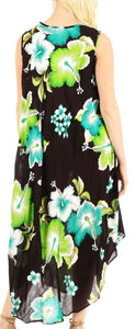 Back view of Aba Women's Casual Summer Floral Print Sleeveless Loose Dress Cover-up with vibrant green and blue hibiscus pattern.