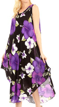 Charger l&#39;image dans la galerie, Aba Women&#39;s Casual Summer Floral Print Sleeveless Loose Dress Cover-up with purple and white flowers on black, scoop neck design.
