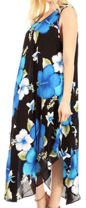 Aba Women's Casual Summer Floral Print Sleeveless Dress Cover-up with blue hibiscus flowers, loose fit, and scoop neck design.