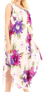 Aba women's casual summer floral print sleeveless loose dress cover-up, with vibrant purple and pink flowers, scoop neck design.