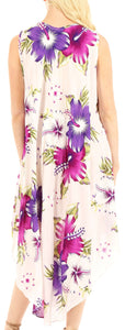 Back view of Aba Women's Sleeveless Floral Print Summer Dress Cover-up, showcasing vibrant purple and pink flowers on white fabric.